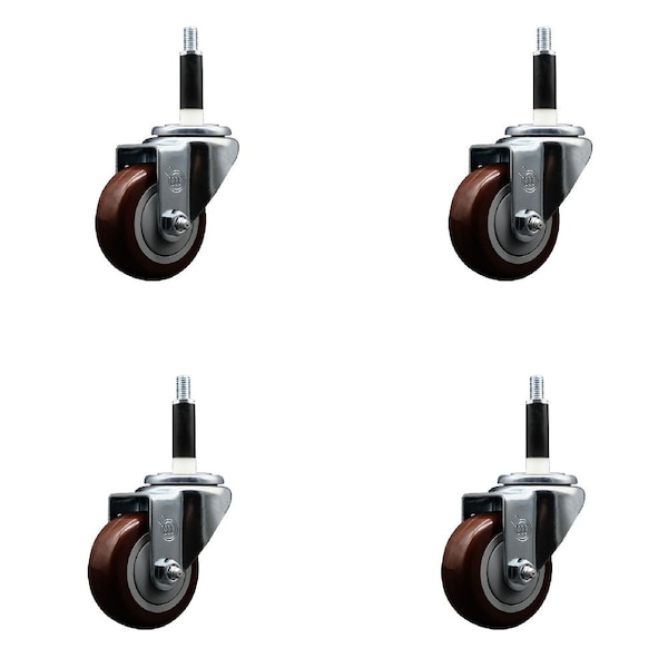 3'' Maroon Poly Wheel Swivel 7/8'' Expanding Stem Caster Set, 4PK